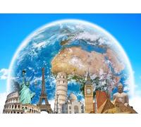 CORFOTO Fabric 6x3m Global Landmarks Earth Backdrop World Famous Monuments on Globe Scene Photography Background for Travel Business Party Photo Props