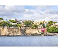 CORFOTO Fabric 6x3m Old San Juan Skyline Backdrop Caribbean Colonial Buildings Waterfront Scene Photography Background for Travel Wedding Festival Party Photo Props