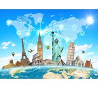 CORFOTO Fabric 6x3m World Landmarks Backdrop Global Famous Monuments Network Connection Scene Photography Background for Travel Business Party Photo Props