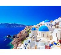 CORFOTO Fabric 7x5ft Greece Photo Backdrop Santorini Island Oia Village Backdrop Greece Photography Background for Greece Themed Party Banner Mamma Mia Birthday Decor Bridal Shower Photo Booth