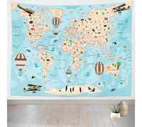 CORFOTO Fabric Cartoon World Map Tapestry Wall Hanging Airplane Hot Air Balloon Treasure Map Wall Tapestry for Kids Bedroom Aesthetic Living Room College Dorm Decor 70Wx47H inches