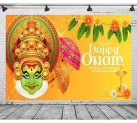 CORFOTO Happy Onam Kathakali Backdrop Fabric 9x6ft Indian Traditional Festival Umbrella Marigold Background for South India Harvest Party Decorations Banner Kids Adults Holiday Photoshoot Props