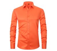 corfty Men Long Sleeve Dress Shirt - Regular Fit Stretch Free-Wrinkle Button Down Shirt, Orange No Pockets, XXL