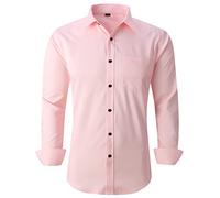 corfty Men Long Sleeve Dress Shirt - Regular Fit Stretch Free-Wrinkle Button Down Shirt, Pink & Black Buttons, Medium