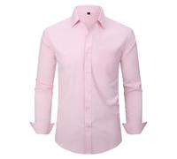 corfty Men Long Sleeve Dress Shirt - Regular Fit Stretch Free-Wrinkle Casual Button Down Shirt, Pink, Medium