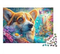 Corgi Amid Flowers, Distant Fairy Castle 1000-Piece Jigsaw Puzzle Cute Dog Educational Toy for Kids Age 12+ & Adults 70x50cm/1000pcs