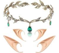 corgi butt Elf Ears with Crown Accessory Set, Fairy Costume with Soft Fairy Ears and Crown Headband for Women Halloween Cosplay Pretend Play Costume Party (Gold Elf Wreath Ear set)