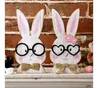 corgi butt Wooden Bunny Couple Decor with Glasses - Rustic Farmhouse Easter Table Centerpiece Signs, Antique White Rabbit Decor for Home, Office, Mantel