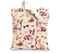 Corgi Canvas Tote Bags, Cute Dog and Heart Pattern Reusable Shopping Bags, Playful Animal Design Lightweight Washable Shoul, Beige, 13x15 Inch