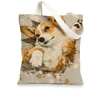 Corgi Canvas Tote Bags, Cute Dog Artwork Design Reusable Shopping Bags, Artistic Playful Lightweight Washable Shoulder Bags for Gym Outdoor Travel Beach Picnic 13x15 Inch