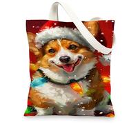 Corgi Canvas Tote Bags, Cute Dog Design Reusable Shopping Bags, Playful Animal Theme Lightweight Washable Shoulder for Gym, Red, 13x15 Inch