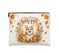Corgi Canvas with Zipper, Fanciful Seasonal Leaves Pumpkins Fall Orange Canvas with Zipper Mini Makeup Bag for Travel, Vanity, Bathroom, Purse Storage and Daily Use, Orange, 7x9 Inch, Whimsical