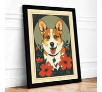 Corgi Crowned Botanical Framed Wall Art Print A1 (84.1×59.4cm) Black, Wall Decor for Living Room, Bedroom, Office & Home, Ready to Hang, Art Gift
