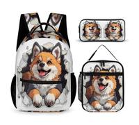 Corgi Dog Bookbag with Lunch Box Pencil Case for Students 7-9 Years, Puppy Animal Print Backpack 3 Piece Set Year 4 for Boys Outdoor Learning Family Trips and Weekend Adventures