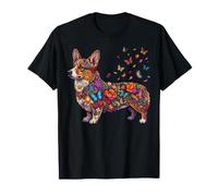 Corgi Dog Colorful Floral Butterfly Flowers Botanical T-Shirt