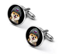Corgi Dog in Military Russian Flag Hat Funny Cufflinks Fashion Men Cuff Links Shirt Accessories for Business Wedding