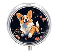 Corgi Dog on Dark Background Pill Box - Portable Pill Organizer with 3 Compartment and Small Mirror, Travel Pillcase for Pocket Or Purse Round Medicine Organizer Decorative Vitamin Organizer