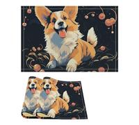 Corgi Dog on Dark Background Placemats, 2PCS Heat Resistant Non-Slip Place Mats, Farmhouse Flax Cloth Placemats, Durable Rustic Linen Table Mats for Kitchen Dining, Holiday Decor