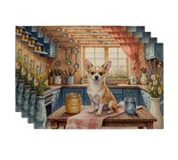 Corgi Dog Placemats, Rustic Country Kitchen Table Mats with Floral Design, Everyday Non-Slip Washable Indoor Outdoor Decorative Placemat Set of 4