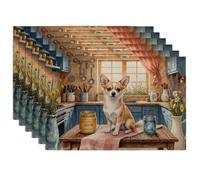 Corgi Dog Placemats, Rustic Country Kitchen Table Mats with Floral Design, Everyday Non-Slip Washable Indoor Outdoor Decorative Placemat Set of 6