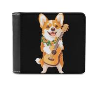 Corgi Dog Playing Ukulele Guitar Leather Minimalist Wallet for Men Women Slim Bifold Purse with Card Holder