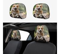 Corgi Dog Running on The Railroad Car Headrest Cover 2 PCS, Funny Auto Front Seat Head Rest Protector, Universal Car Headrest Protector Elastic, Personalized Seat Cover Headrest Trim for Most Cars