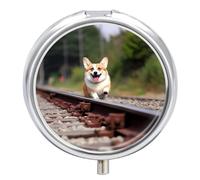 Corgi-Dog Running on The Railroad Pill Box Cute Round Pill Case Portable Medicine Tablet Vitamin Holder Organizer for Purse Pocket