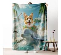Corgi Dolphin Flannel Blanket Queen Warm Soft, Hilarious Funny Dog Blankets 90"x90" Lightweight, Summer Surfing Ocean Fleece Blanket Cozy Washable for Bedroom Sofa Camping Travel Home Decor