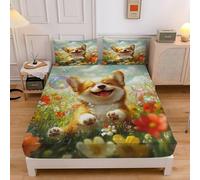 Corgi Double Fitted Sheet Flowering Bush Bed Sheets - 30 cm Deep Pocket Fitted Bed Sheet with 2 Pillowcases, Soft Brushed Microfiber Bedding 135x190 cm - Easy Care Bottom Sheets