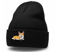 Corgi Embroidered Ribbed Knit Beanie - Folded Cuff Slouchy Winter Hat for Adults Teens, Cosy Stretchable Acrylic Cap, Casual Urban Outdoor Headwear Accessory, Playful Pet-Loving Novelty Gift