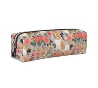 Corgi Floral Flowers Minimalist Leather Zip Pencil Case - Premium Cross-Grain Pvc Leather Organizer For Pens, Art Supplies & Daily Essentials - Compact, Stylish & Durable School/Office/Travel Pouch