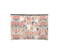 Corgi Floral Flowers Portable Dupont Paper Toiletry Bag â€“ Lightweight Multi-Purpose Pencil & Cosmetic Bag with Full-Print Design for Travel, School & Daily Use