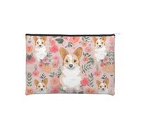 Corgi Floral Flowers Portable Dupont Paper Toiletry Bag â€“ Lightweight Multi-Purpose Pencil & Cosmetic Bag with Full-Print Design for Travel, School & Daily Use