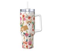 Corgi Floral Flowers Print 40oz with Straw and Lid, Stainless Steel Double Wall Vacuum Insulated Coffee Mug for Hot and Cold Coffee, Travel Mug with Handle