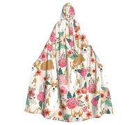 Corgi Floral Flowers Print Adults Hooded Cloak, Halloween Robe Hooded Cape Witch Wizard Cosplay Costumes For Men Women
