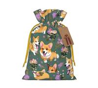 Corgi Floral Flowers Print Christmas Drawstring Present Bag, Reusable Holiday Goodie Bag For Presents