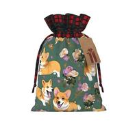 Corgi Floral Flowers Print Xmas Drawstring Gift Bag Festive Christmas Reusable Wrapping Bags Needs