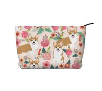 Corgi Floral Flowers Printed Make up Bag for Women Corduroy Makeup Bags Zipper Travel Cosmetic Bags Pouch Organizer