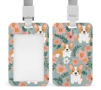Corgi Floral Flowers Spring Garden Badge Holder with Lanyards Retractable Vertical Plastic Id Badge Holder Name Key Card Holders Case for Teacher Nurse Doctor Office Gift for Coworkers