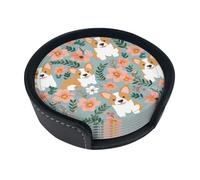 Corgi Floral Flowers Spring Garden Coasters For Drinks Set Of 6 Leather Tea Cup Coaster Drink Coasters For Cup Kitchen Bar Home Decor Housewarming Gift