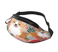 Corgi Floral Flowers Spring Garden Fanny Pack Waist Bag for Men Women Bum Bag with Headphone Jack and Adjustable Belt for Biking Running Jogging Traveling Outdoors Workout Cycling Fitness Hiking
