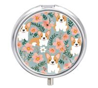 Corgi Floral Flowers Spring Garden Pill Box, 3 Compartment Small Pill Case Waterproof Travel Pill Organizer for Pocket Or Purse Portable Mini Medicine Tablet Vitamin Holder Pill Case