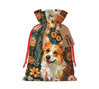 Corgi Floral Flowers Spring Garden Print Christmas Drawstring Gift Bags Reusable Xmas Candy Bags For Christmas Party