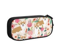 Corgi Floral Flowers Spring Garden Print Pencil Case, Large Capacity Pen Case Bag Pouch Holder Stationery Desk Organizer with Zipper for School & Office Supplies