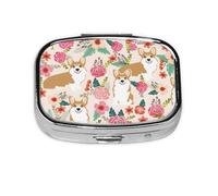 Corgi Floral Flowers Spring Garden Print Square Metal Pill Box Decorative Pill Case - Carry Your Meds in Style (Rectangular)