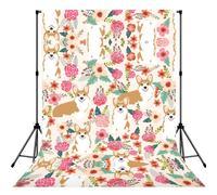 Corgi Floral Flowers Spring Garden Printed Photography Drape, Foldable Polyester Background, Easy Hang Rod Pocket Studio Prop
