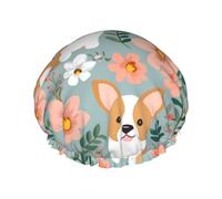 Corgi Floral Flowers Spring Garden Shower Cap For Women Reusable Double Layers Bathing Bath Cap Hair Caps Waterproof Elastic Band Ladies Spa Salon Shower Hat Hair Caps