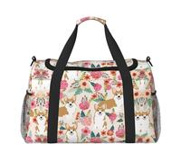 Corgi Floral Flowers Spring Garden Travel Duffel Bag Weekend Bag Weekender Overnight Carry On Hand Bag Workout Sport Hospital