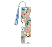 Corgi Floral Flowers Spring Garden Wooden Bookmarks 5 Pcs,Handmade Double-Sided Printed Book Marks Page Markers with Sky Blue Tassels Book Accessories Gift for Book Lovers Women Men