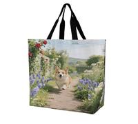 Corgi Floral Spring Garden Grocery Bag Reusable One Shoulder Shopping Bags Portable Large Capacity Plain Bag Lightweight Purse Women Shoulder Bags for Shopping Grocery Beach